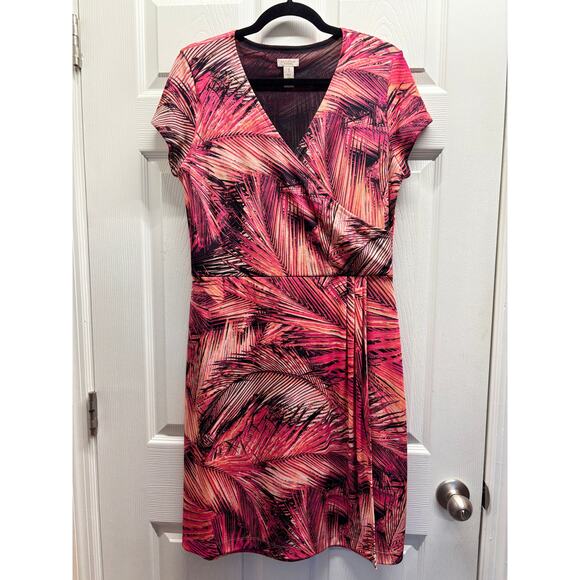 Chico's Dresses & Skirts - Chico's Easywear Size Medium (1) Pink Palm Tree V-Neck Faux Wrap Sheath Dress